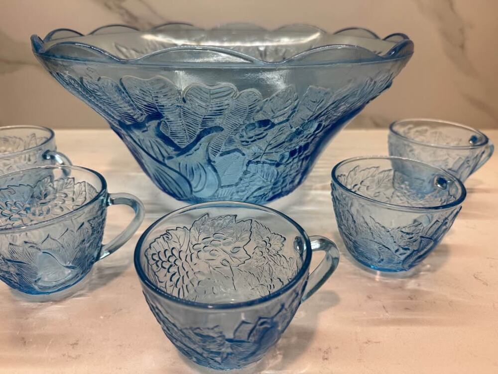 KIG Indonesia Vintage “Bali" Fruit Pattern Ice Blue Glass Bowl 5 Serving Cups